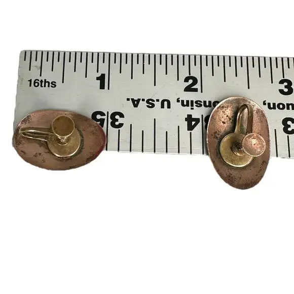 Vintage Artsy Oval Enamel Copper Screw Back Earrings Mid Century Art Abstract - Picture 8 of 8